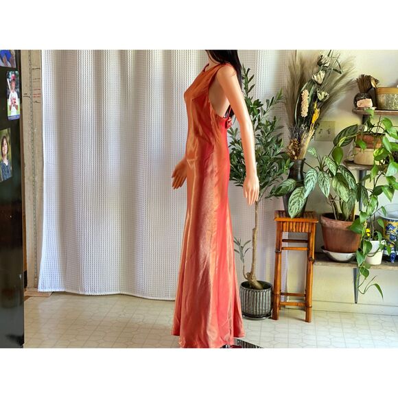 Vintage 90s Let’s Fashion Iridescent Orange Rosette Gown Open Back Dress Size L - Picture 6 of 15